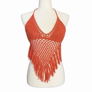 Forever 21 Crochet Fringe Triangle Crop Top Sz Small Festival Hippie Boho Beachy